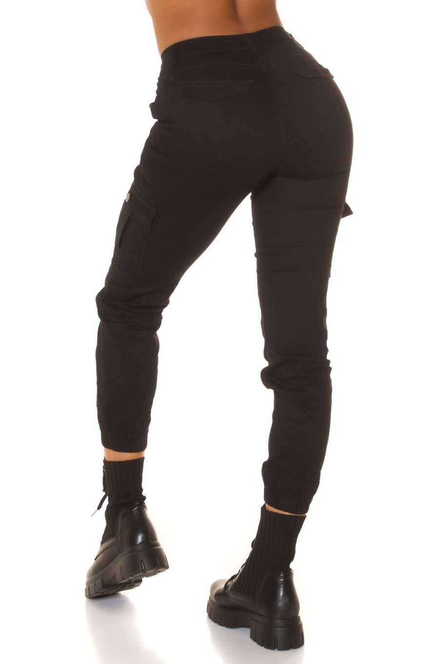 Blugi dama cargo, negri, din bumbac, cu buzunare si talie inalta, Steliana 3 - jojofashion.ro