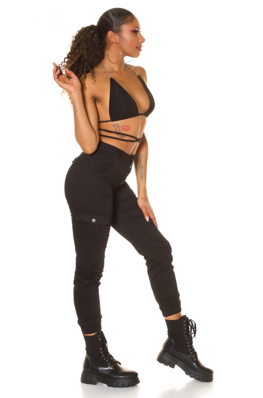 Blugi dama cargo, negri, din bumbac, cu buzunare si talie inalta, Steliana 8 - jojofashion.ro