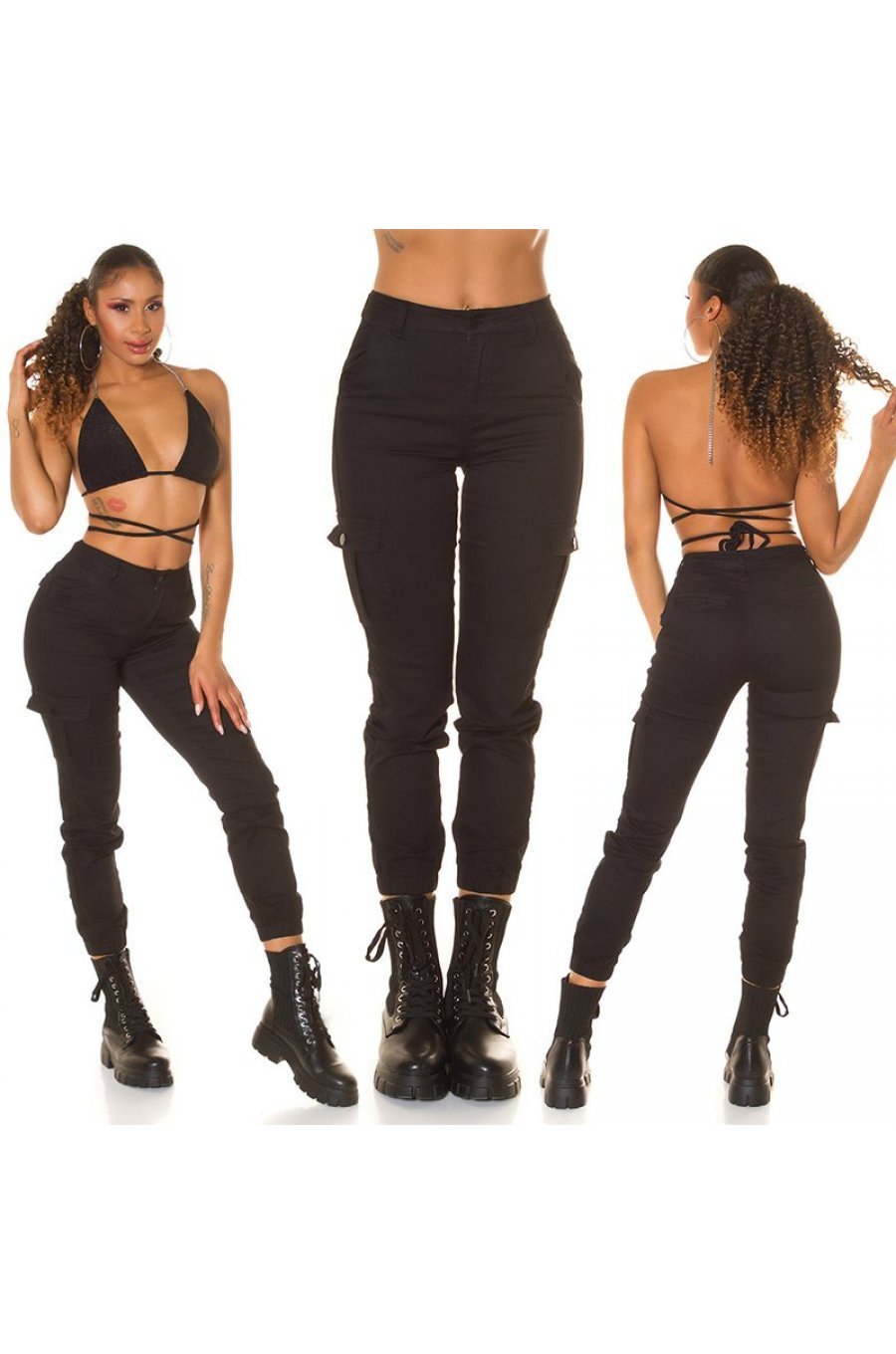 Blugi dama cargo, negri, din bumbac, cu buzunare si talie inalta, Steliana 9 - jojofashion.ro