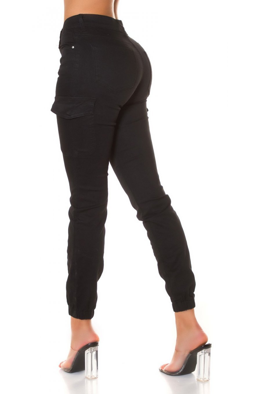 Blugi dama cargo, negri, din bumbac, cu talia inalta, Amy 1 - jojofashion.ro