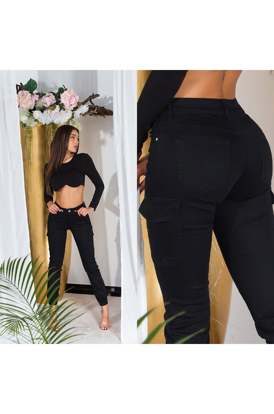 Blugi dama cargo, negri, din bumbac, cu talia inalta, Amy 3 - jojofashion.ro