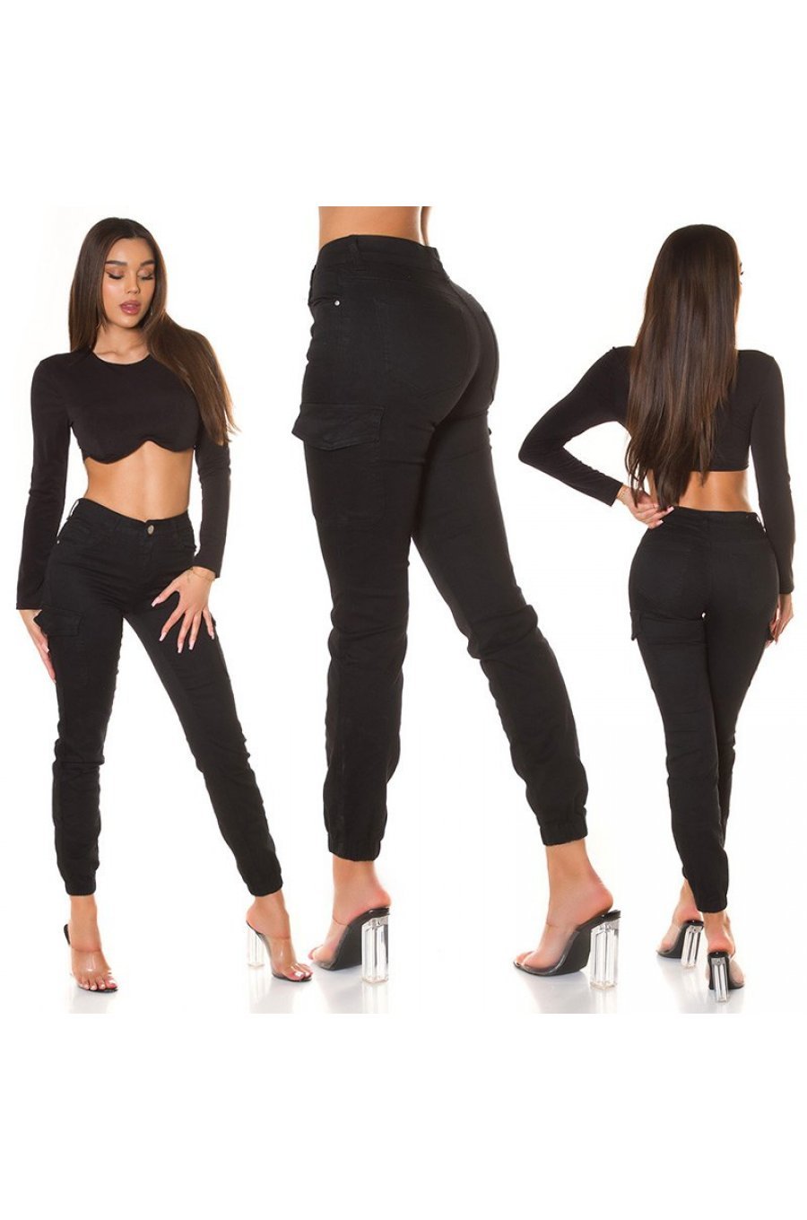 Blugi dama cargo, negri, din bumbac, cu talia inalta, Amy 5 - jojofashion.ro