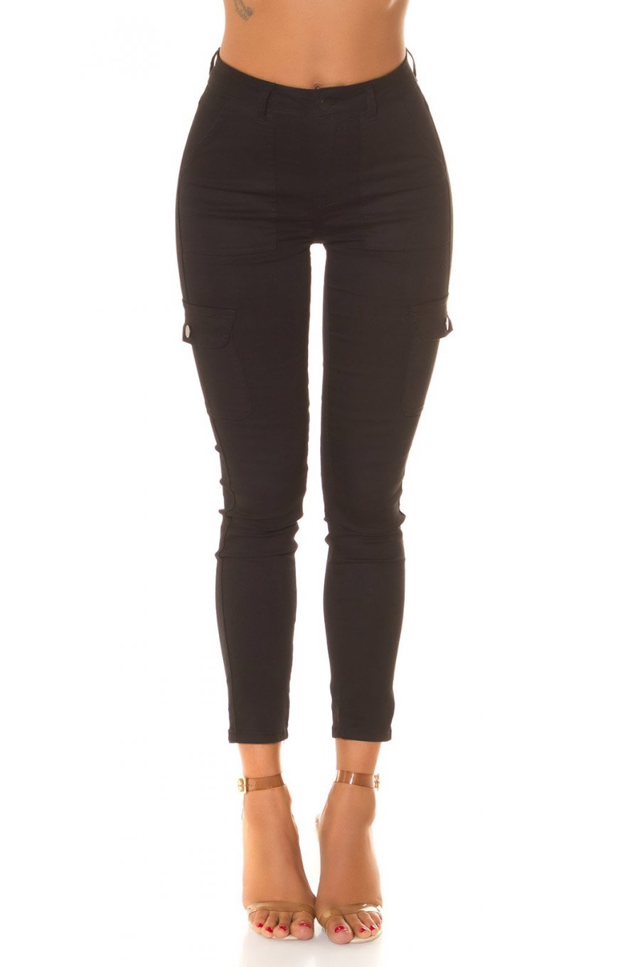 Blugi dama cargo, negri, din bumbac, cu talia inalta, Shontelle 1 - jojofashion.ro