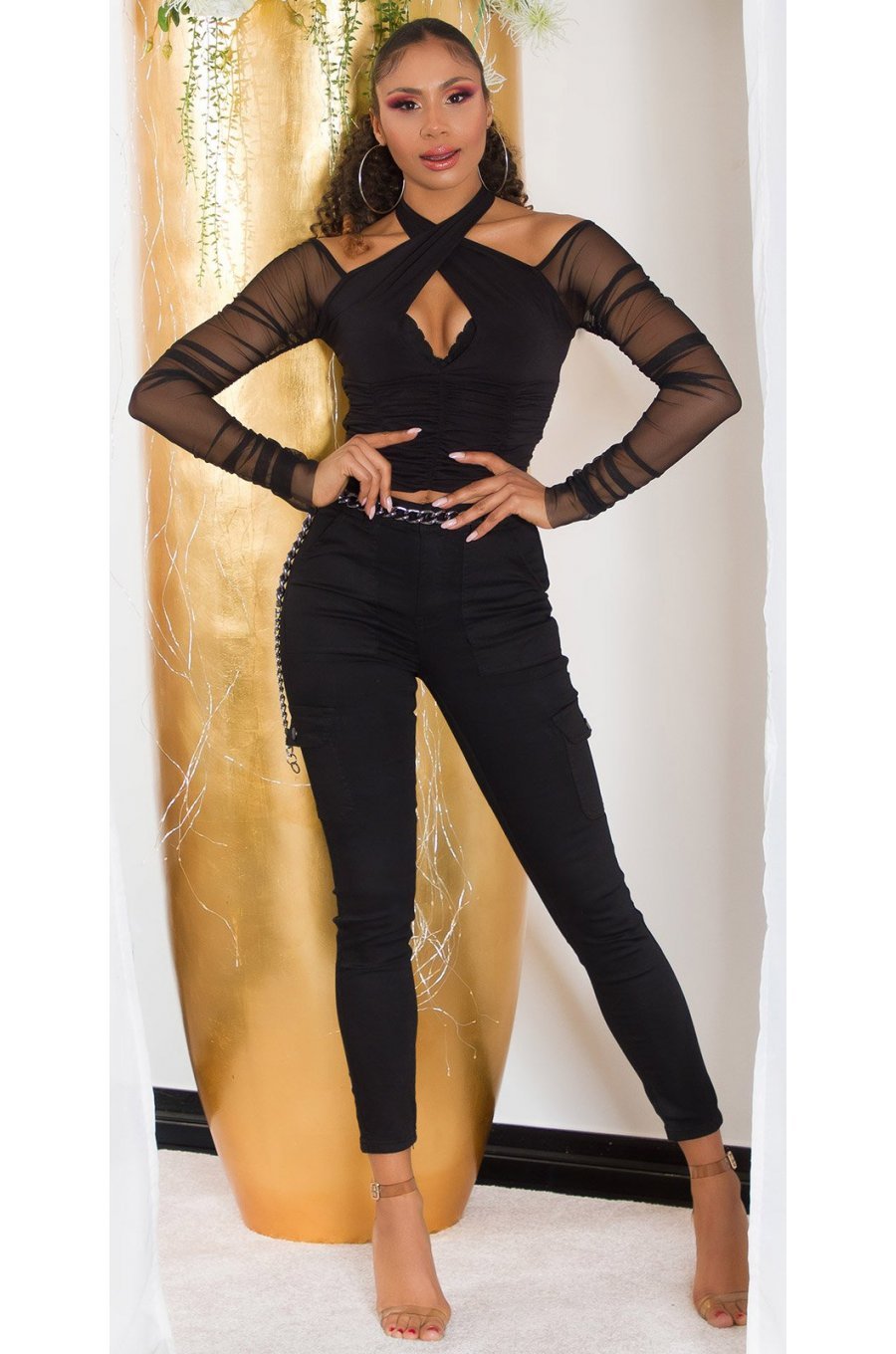 Blugi dama cargo, negri, din bumbac, cu talia inalta, Shontelle 3 - jojofashion.ro