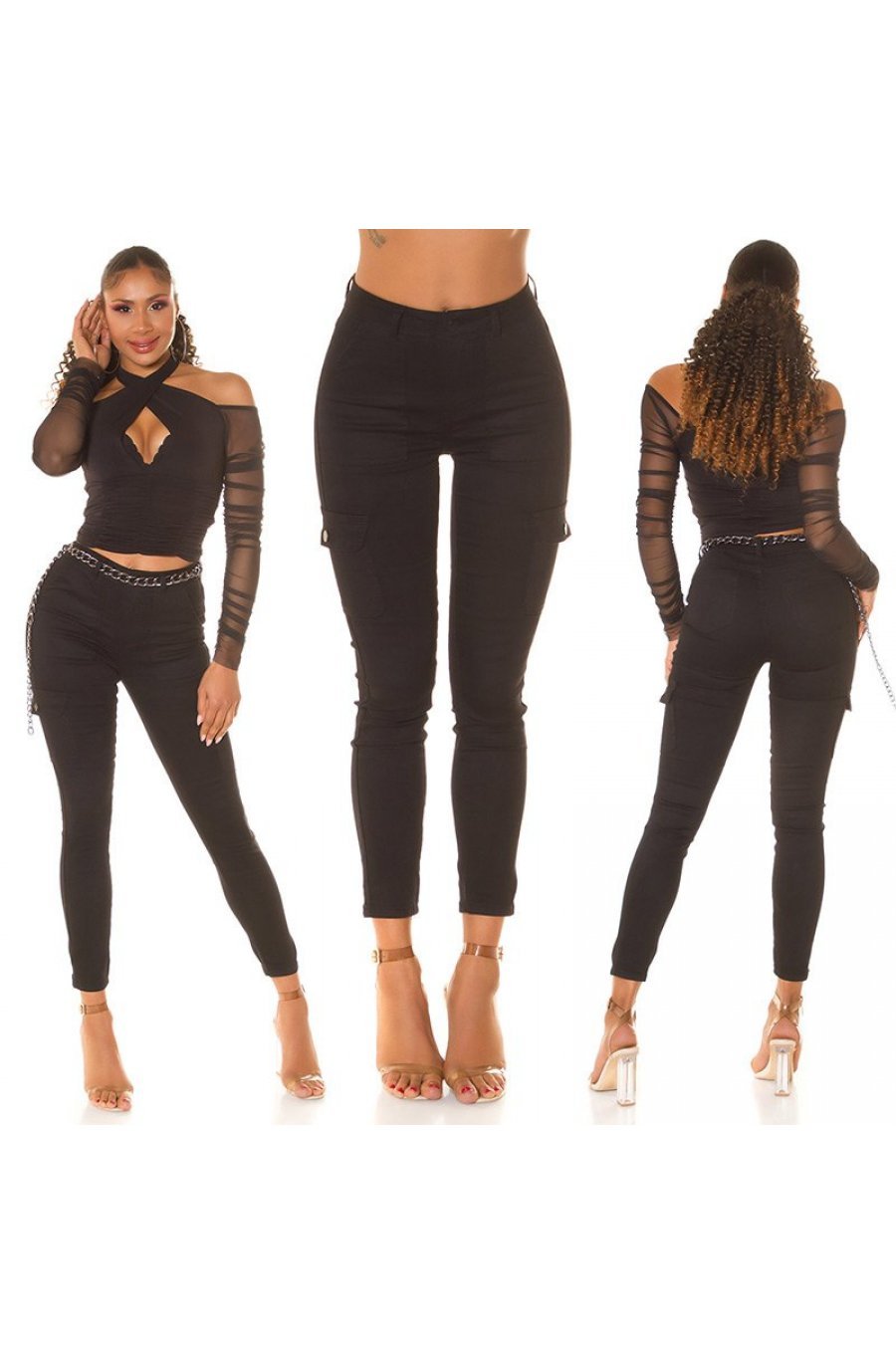 Blugi dama cargo, negri, din bumbac, cu talia inalta, Shontelle 9 - jojofashion.ro