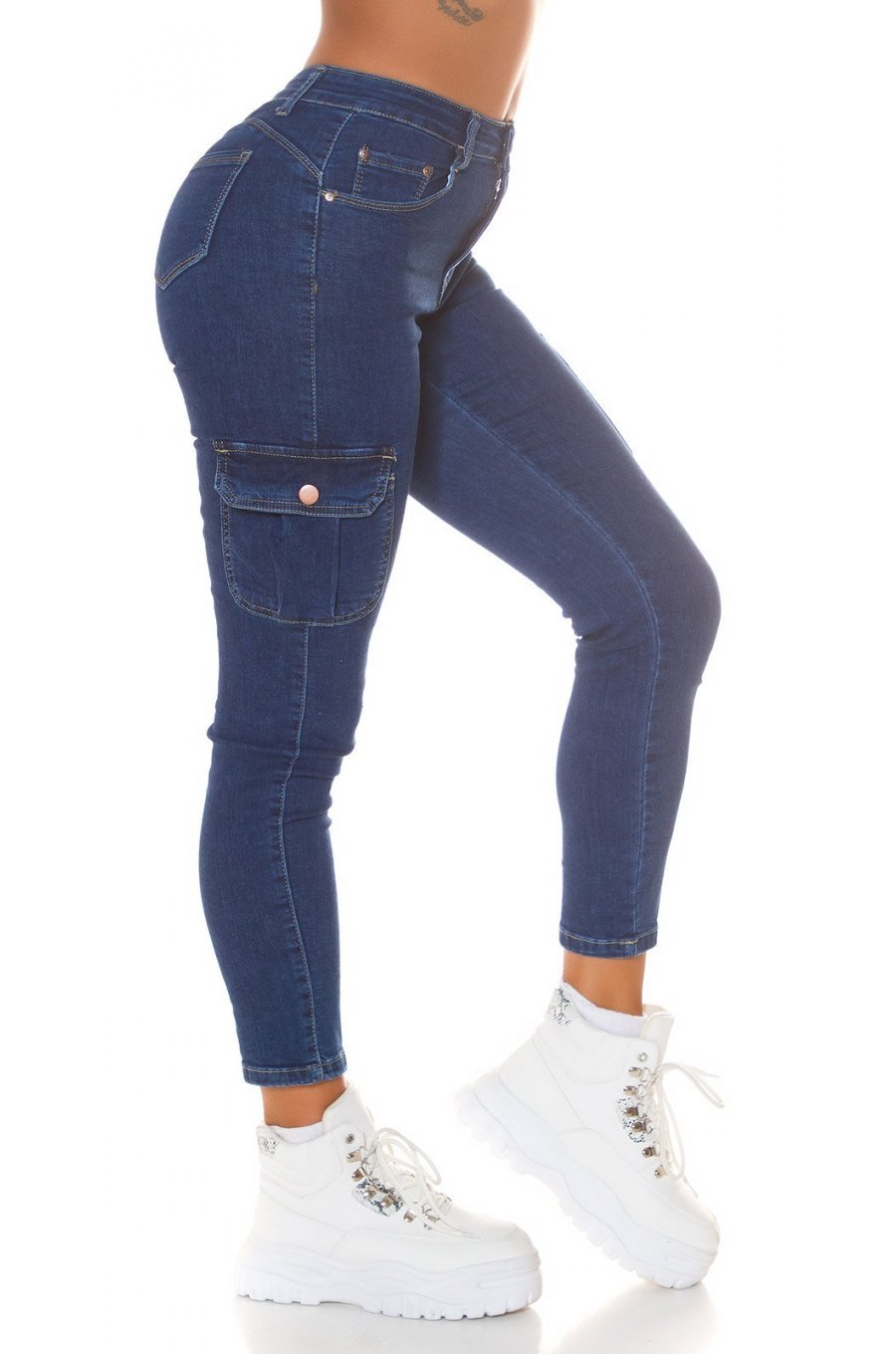 Blugi dama cargo, push up, albastri, bumbac, cu talia inalta, Carlote 1 - jojofashion.ro