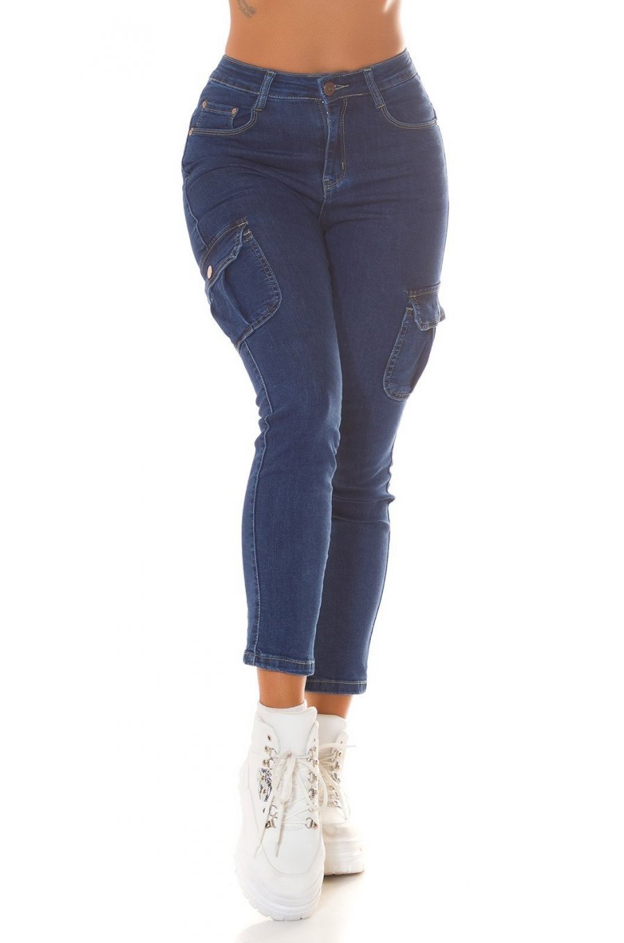 Blugi dama cargo, push up, albastri, bumbac, cu talia inalta, Carlote 2 - jojofashion.ro