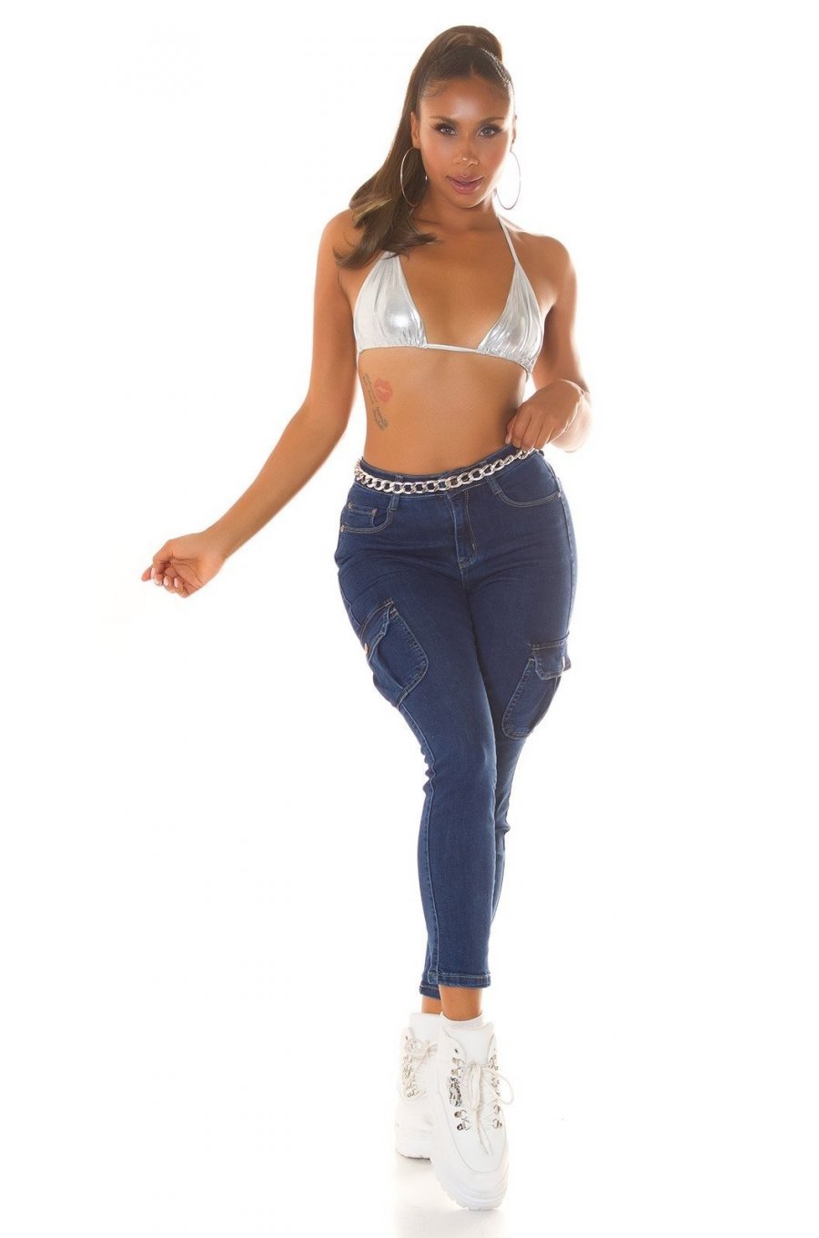 Blugi dama cargo, push up, albastri, bumbac, cu talia inalta, Carlote 5 - jojofashion.ro