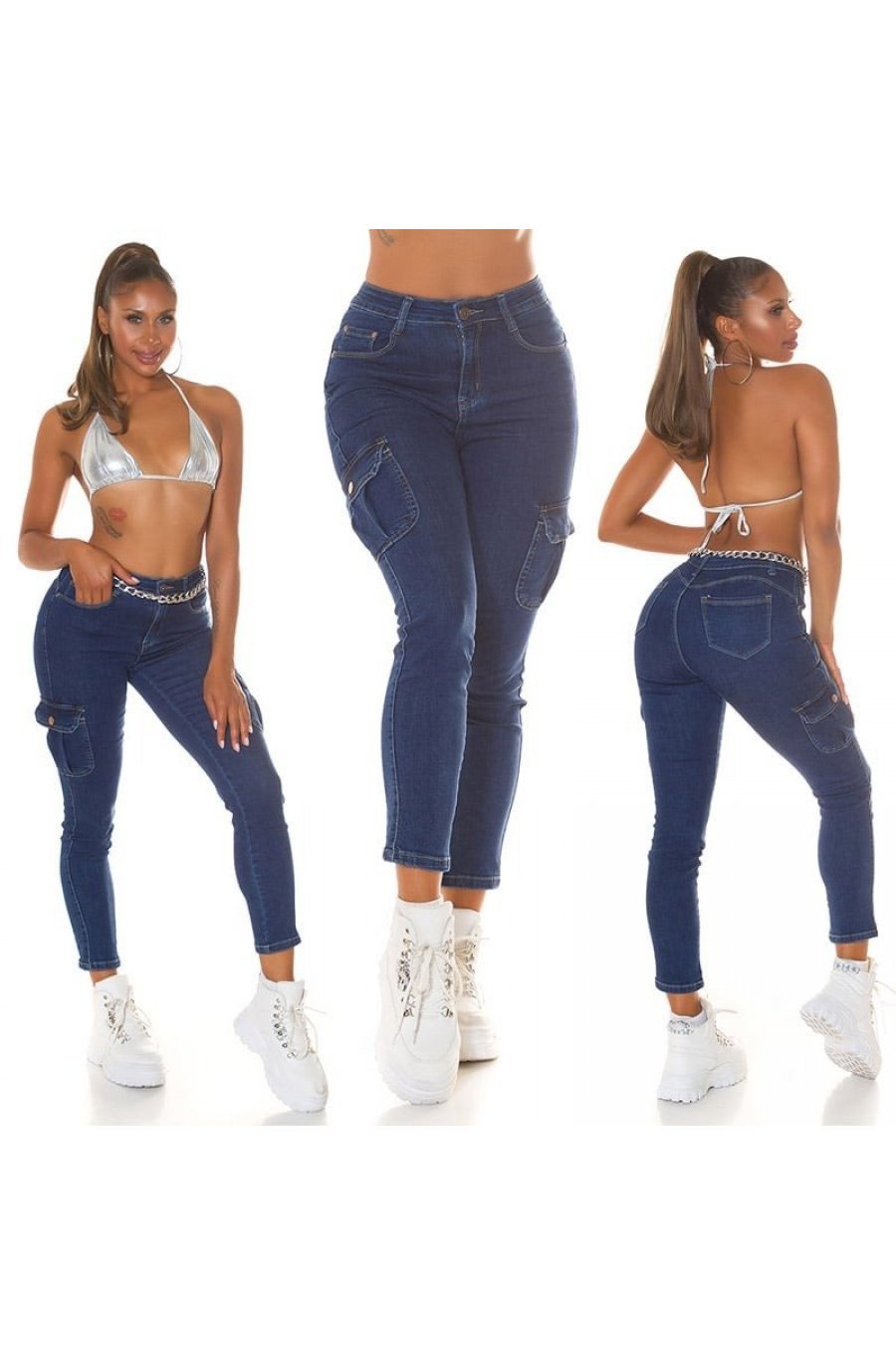 Blugi dama cargo, push up, albastri, bumbac, cu talia inalta, Carlote 9 - jojofashion.ro