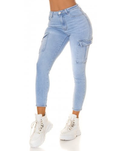 Blugi dama cargo skinny, bleu, bumbac denim, cu talia inalta, Jewel Blugi dama, Blugi dama cargo skinny, bleu, bumbac denim, cu talia inalta, Jewel - jojofashion.ro