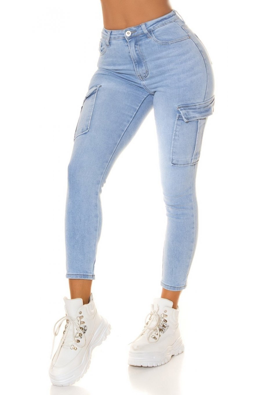 Blugi dama cargo skinny, bleu, bumbac denim, cu talia inalta, Jewel 1 - jojofashion.ro