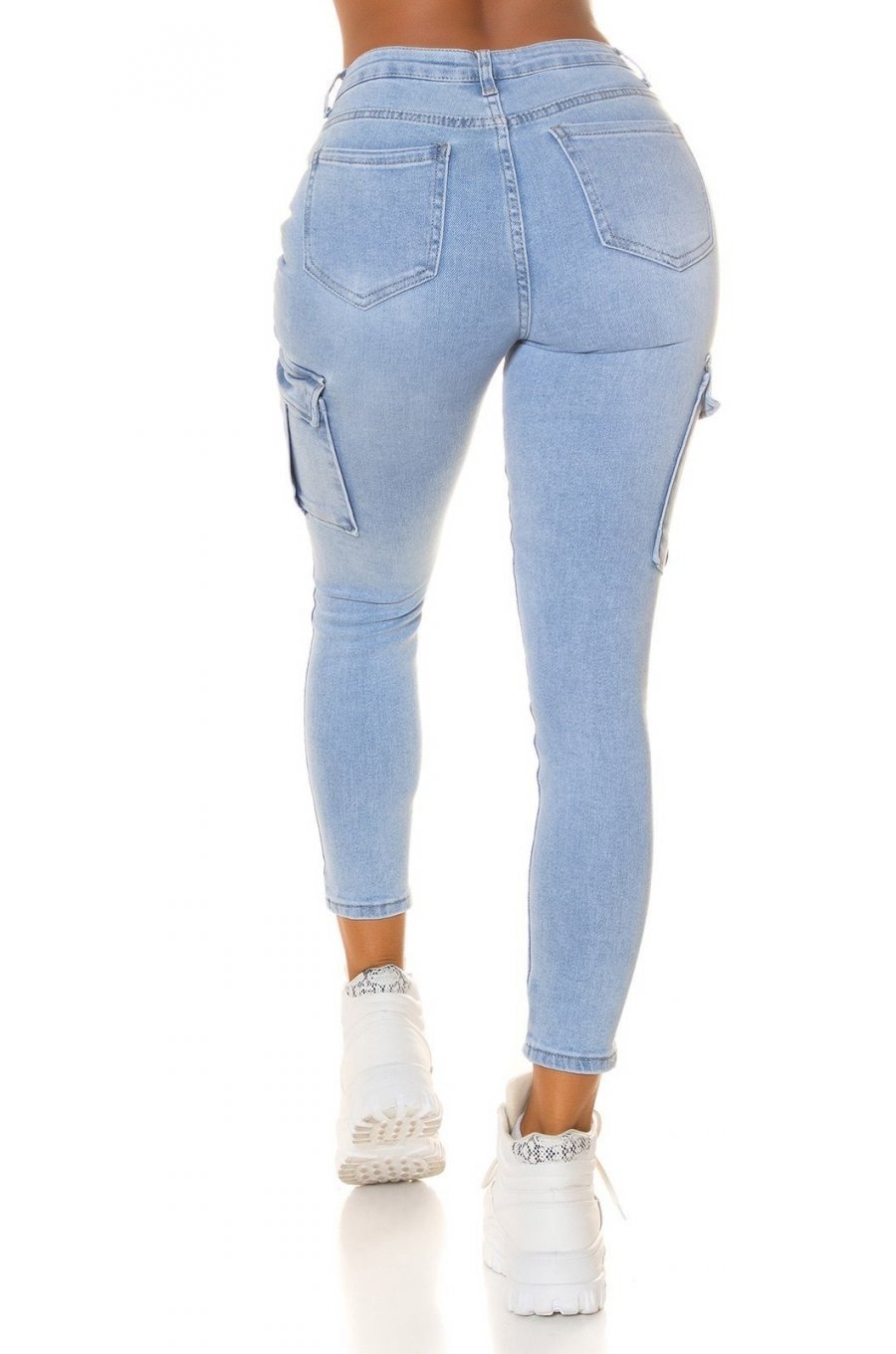 Blugi dama cargo skinny, bleu, bumbac denim, cu talia inalta, Jewel 2 - jojofashion.ro