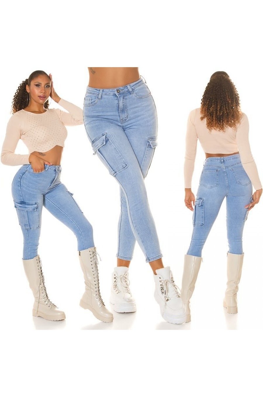 Blugi dama cargo skinny, bleu, bumbac denim, cu talia inalta, Jewel 7 - jojofashion.ro