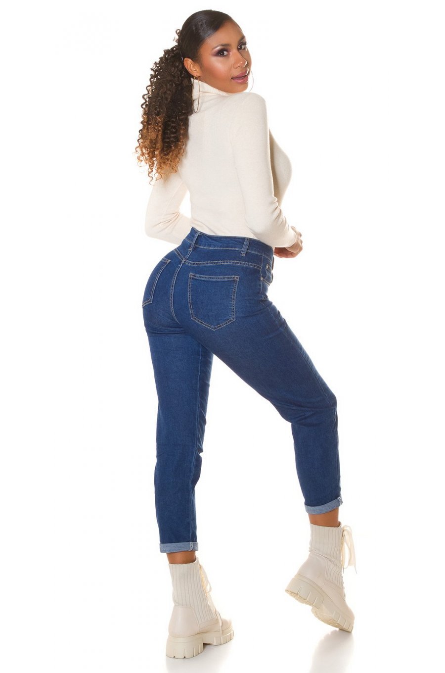 Blugi dama casual albastri, denim, cu talia inalta, Dania 4 - jojofashion.ro