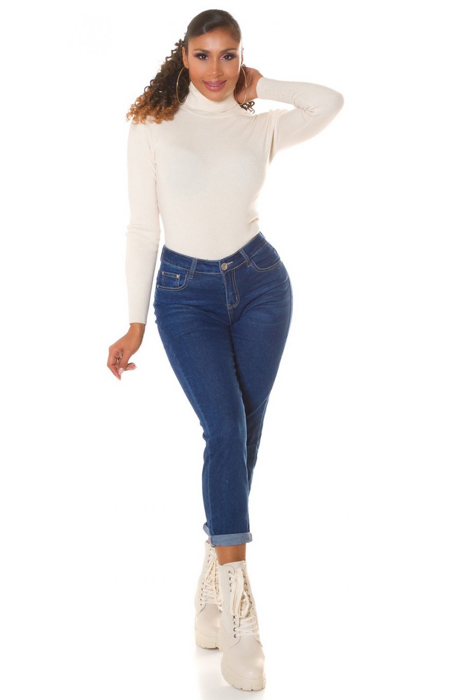 Blugi dama casual albastri, denim, cu talia inalta, Dania 3 - jojofashion.ro
