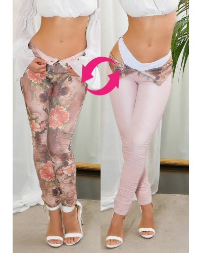 Blugi dama cu doua fete, skinny, roz pudra, din bumbac, Ashelen - jojofashion.ro