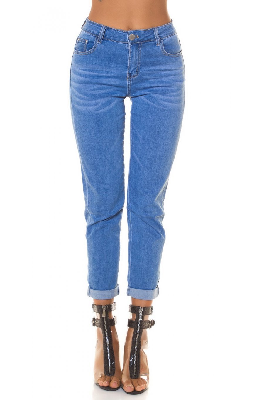 Blugi dama cu push up, bleu, din bumbac, cu talia inalta, Laissa 1 - jojofashion.ro
