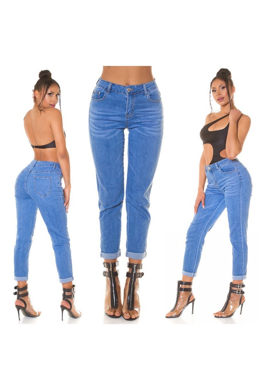 Blugi dama cu push up, bleu, din bumbac, cu talia inalta, Laissa 8 - jojofashion.ro