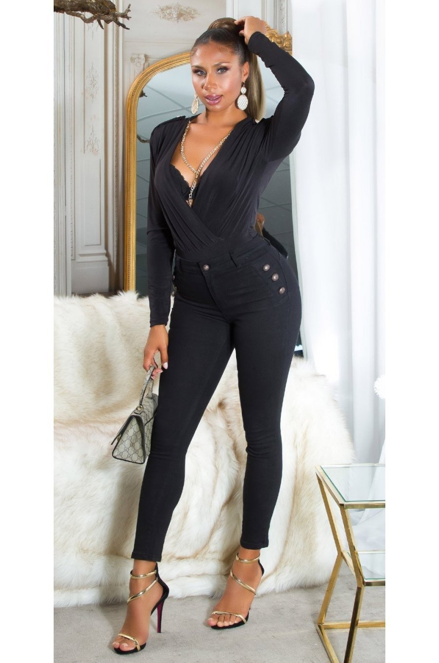 Blugi dama cu push up, negri, din bumbac, cu talia inalta, Anica Blugi dama cu push up, negri, din bumbac, cu talia inalta, Anica 3 - jojofashion.ro