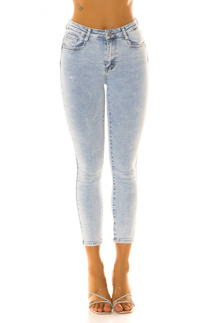Blugi dama cu push up, prespalati, bleu, din bumbac, mulati, cu talia inalta, Ivandra 1 - jojofashion.ro