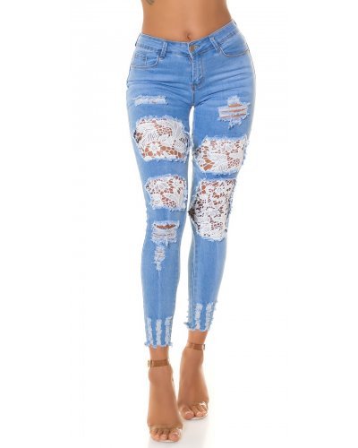 Blugi dama cu push up, rupti, mulati, bleu, din bumbac, accesorizati cu dantela, Paolina Blugi dama, Blugi dama cu push up, rupti, mulati, bleu, din bumbac, accesorizati cu dantela, Paolina - jojofashion.ro