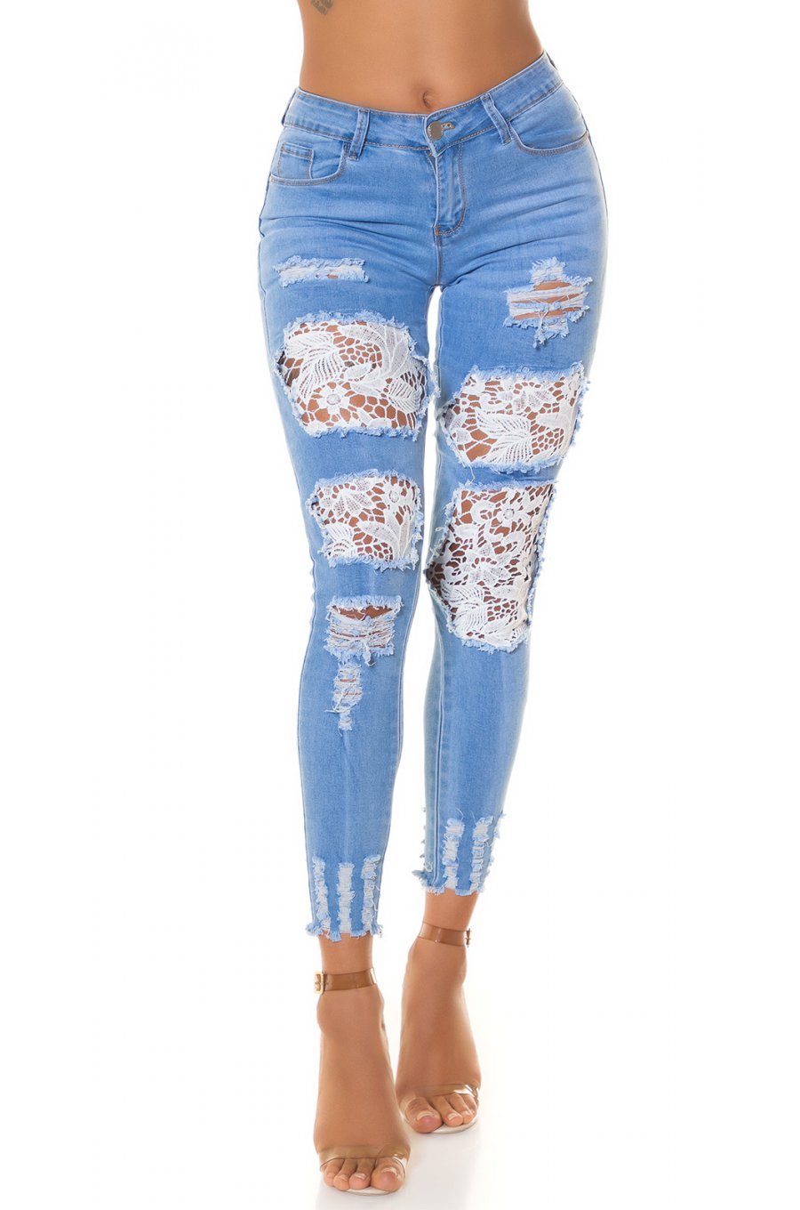 Blugi dama cu push up, rupti, mulati, bleu, din bumbac, accesorizati cu dantela, Paolina 1 - jojofashion.ro