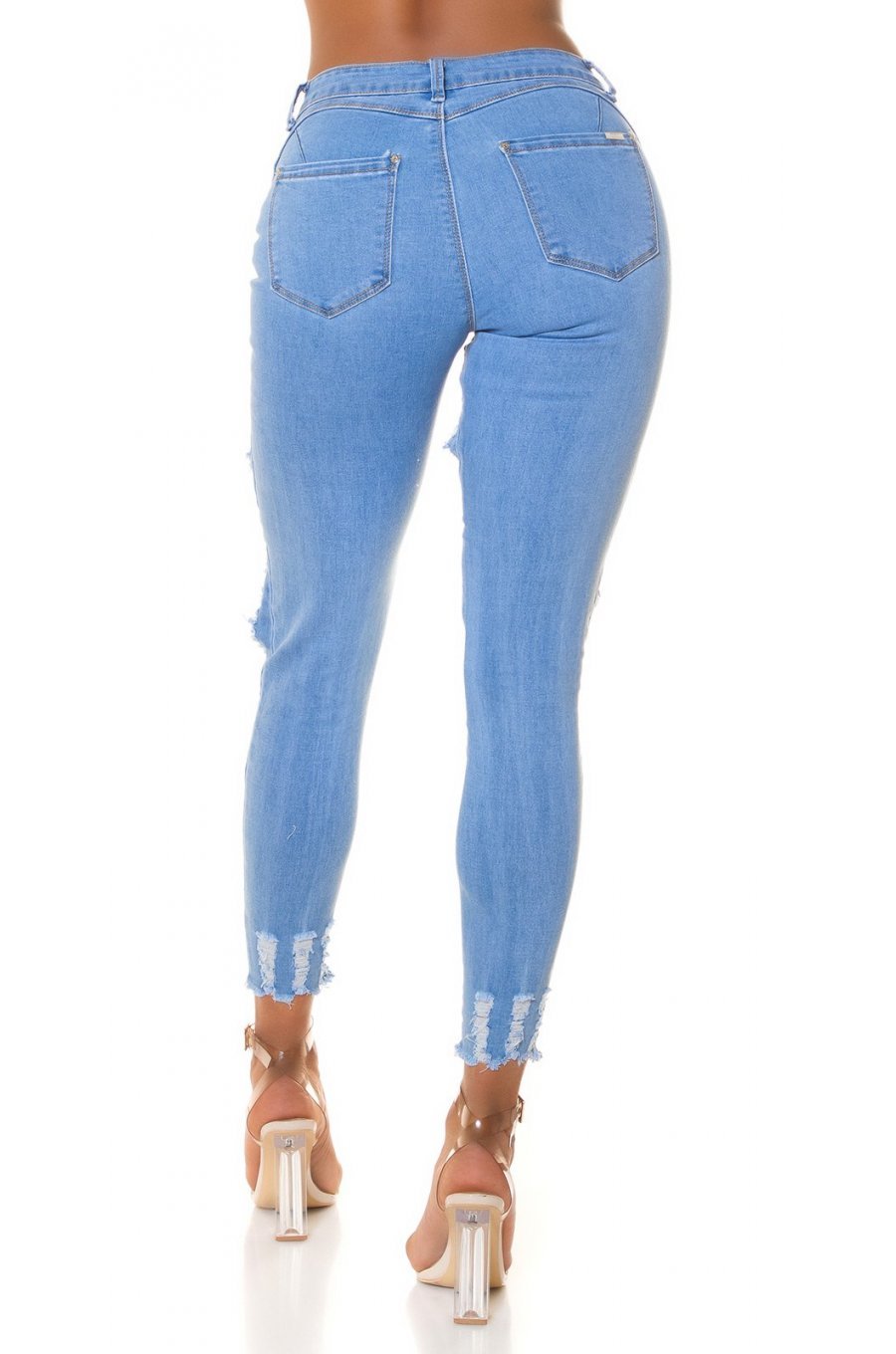 Blugi dama cu push up, rupti, mulati, bleu, din bumbac, accesorizati cu dantela, Paolina 2 - jojofashion.ro