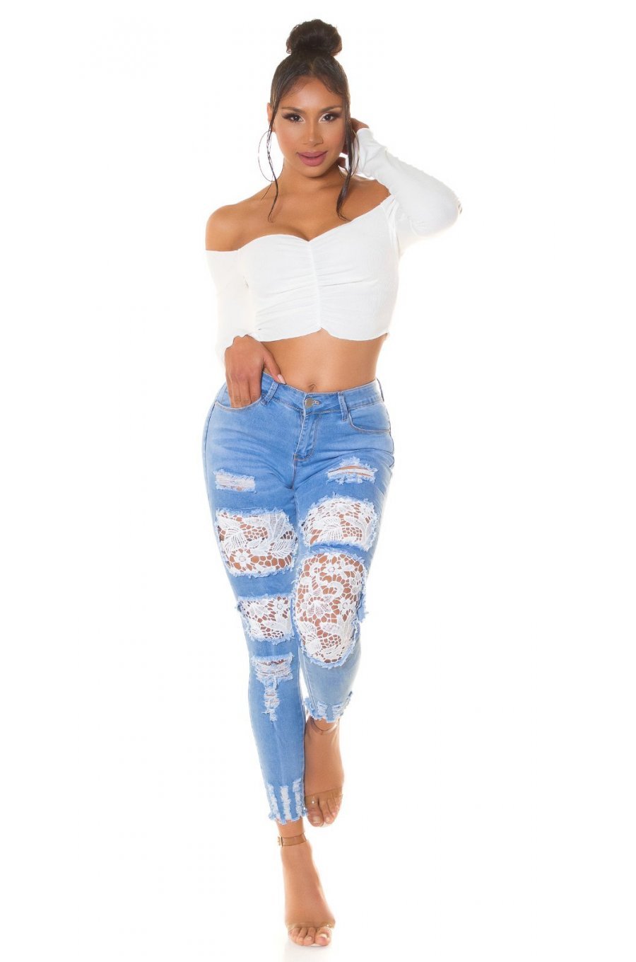 Blugi dama cu push up, rupti, mulati, bleu, din bumbac, accesorizati cu dantela, Paolina 5 - jojofashion.ro
