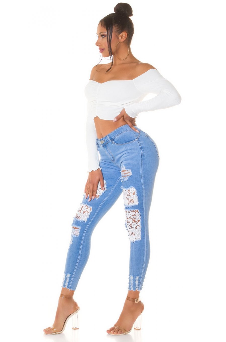 Blugi dama cu push up, rupti, mulati, bleu, din bumbac, accesorizati cu dantela, Paolina 7 - jojofashion.ro
