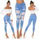 Blugi dama cu push up, rupti, mulati, bleu, din bumbac, accesorizati cu dantela, Paolina 9 - jojofashion.ro