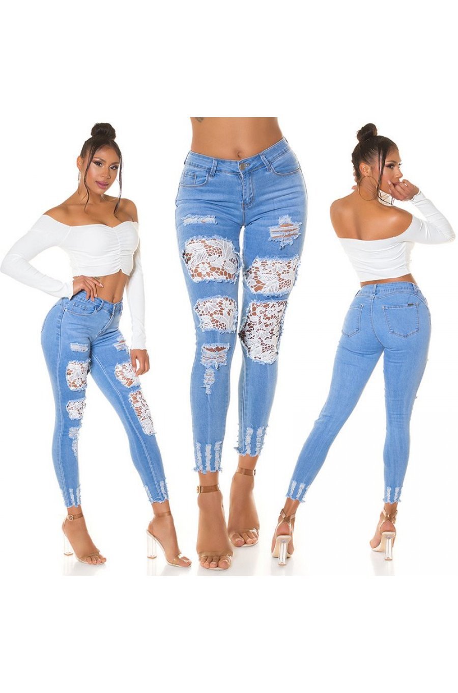Blugi dama cu push up, rupti, mulati, bleu, din bumbac, accesorizati cu dantela, Paolina 8 - jojofashion.ro