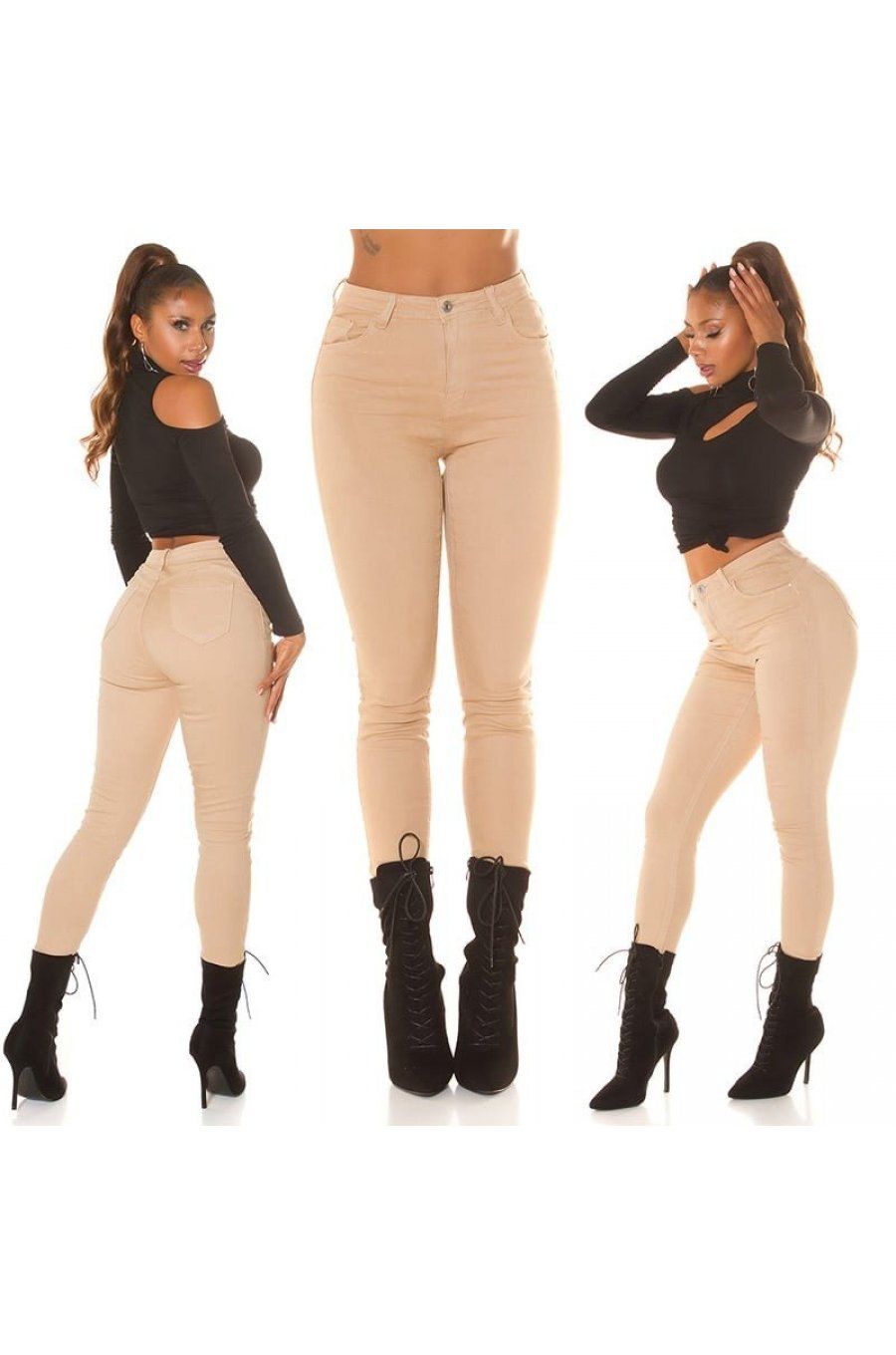 Blugi dama cu push up, skinny, bej, din bumbac, mulati, cu talia inalta, Haley 7 - jojofashion.ro