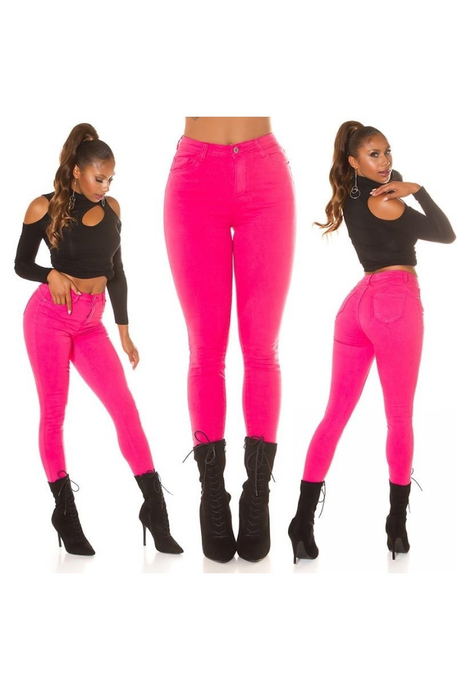 Blugi dama cu push up, skinny, roz fucsia, din bumbac, mulati, cu talia inalta, Haley 8 - jojofashion.ro