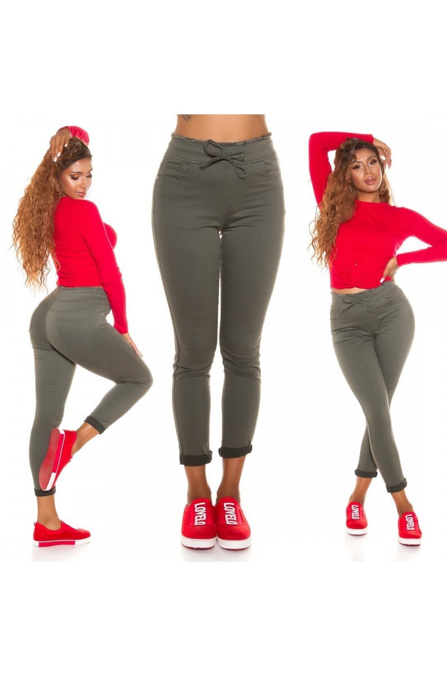 Blugi dama cu talia inalta, kaki, din bumbac, mulati, Kaytlee 5 - jojofashion.ro