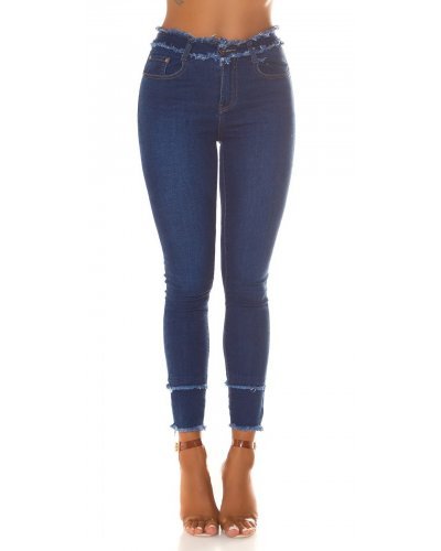 Blugi dama cu talia inalta, skinny, albastri, din denim, franjurati, Henna - jojofashion.ro