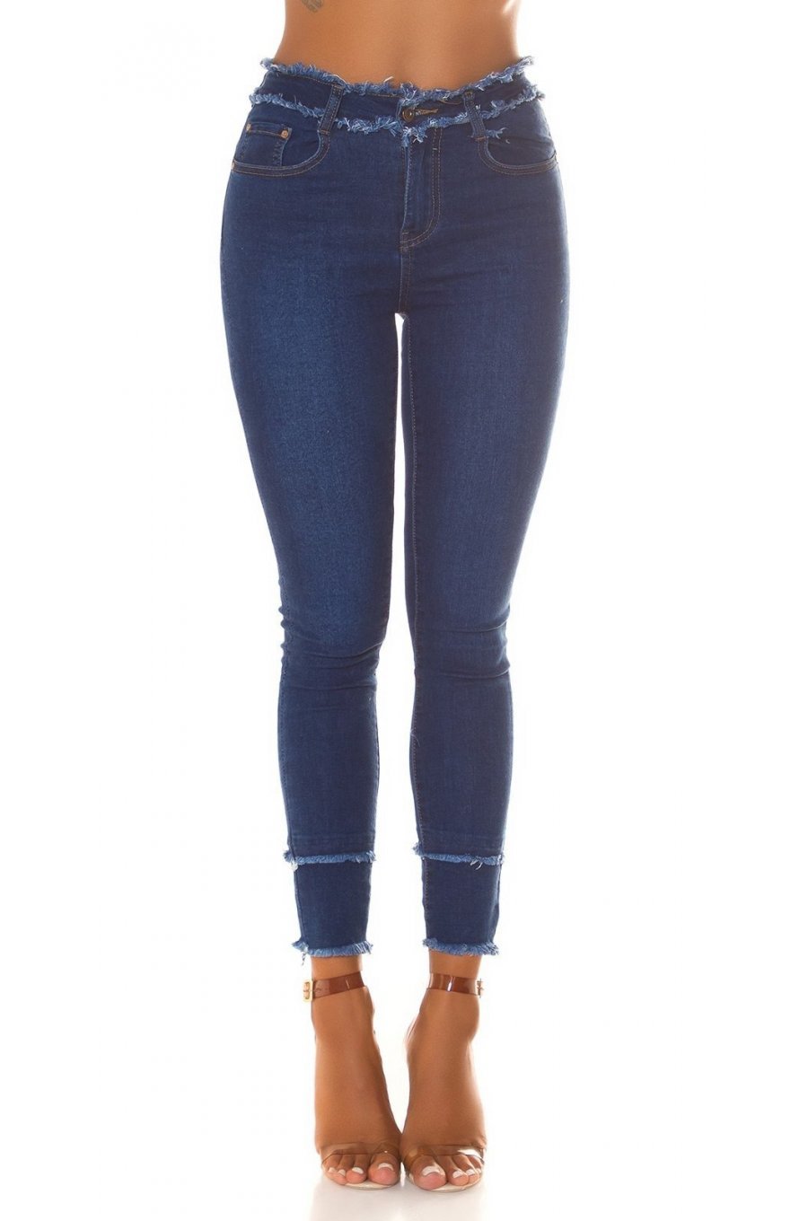 Blugi dama cu talia inalta, skinny, albastri, din denim, franjurati, Henna 1 - jojofashion.ro