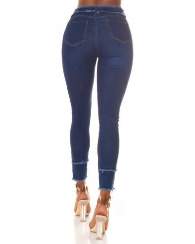 Blugi dama cu talia inalta, skinny, albastri, din denim, franjurati, Henna - jojofashion.ro