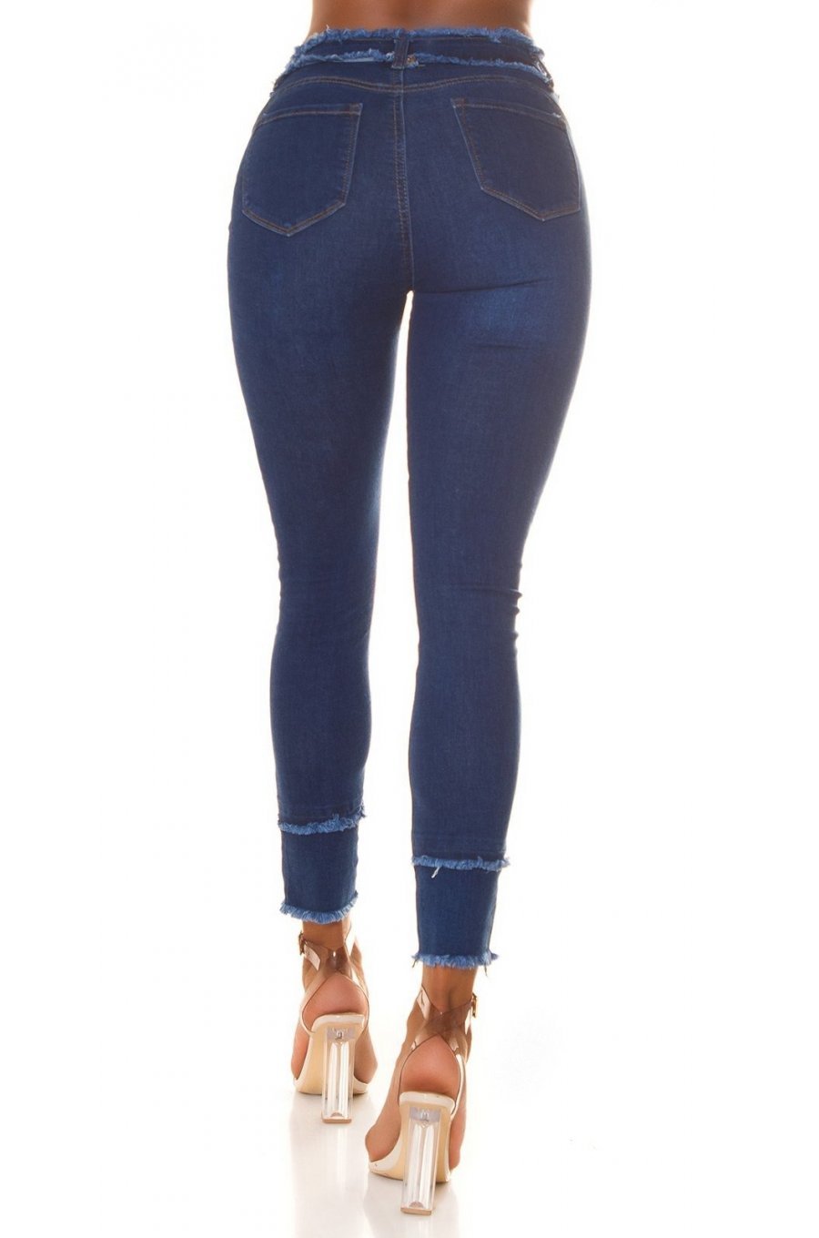 Blugi dama cu talia inalta, skinny, albastri, din denim, franjurati, Henna 2 - jojofashion.ro