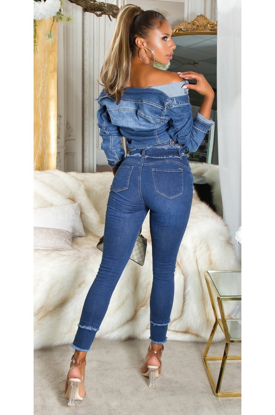 Blugi dama cu talia inalta, skinny, albastri, din denim, franjurati, Henna 4 - jojofashion.ro