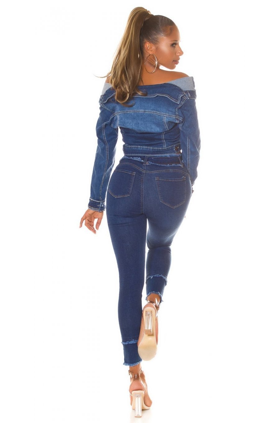 Blugi dama cu talia inalta, skinny, albastri, din denim, franjurati, Henna 6 - jojofashion.ro