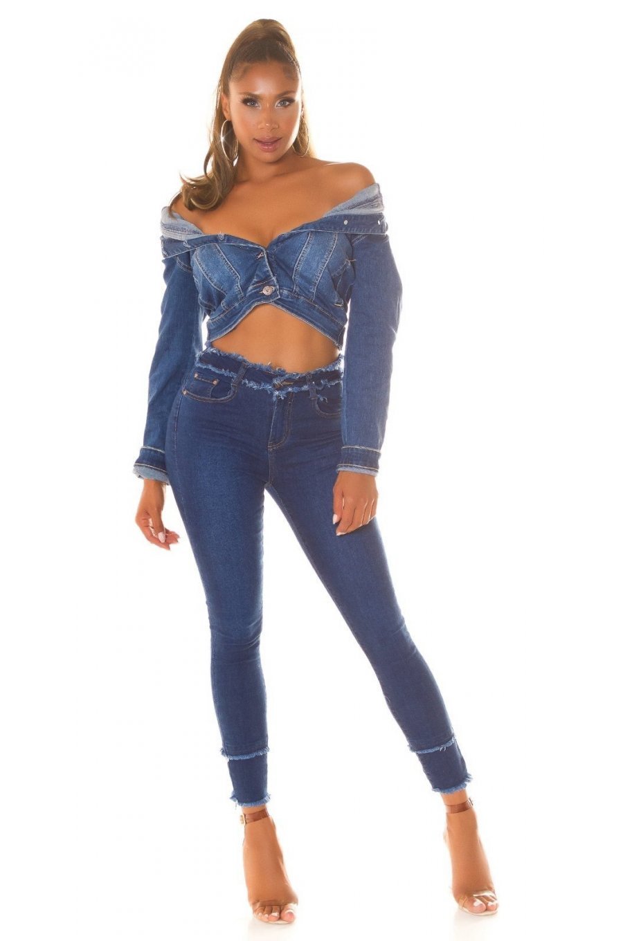 Blugi dama cu talia inalta, skinny, albastri, din denim, franjurati, Henna 7 - jojofashion.ro