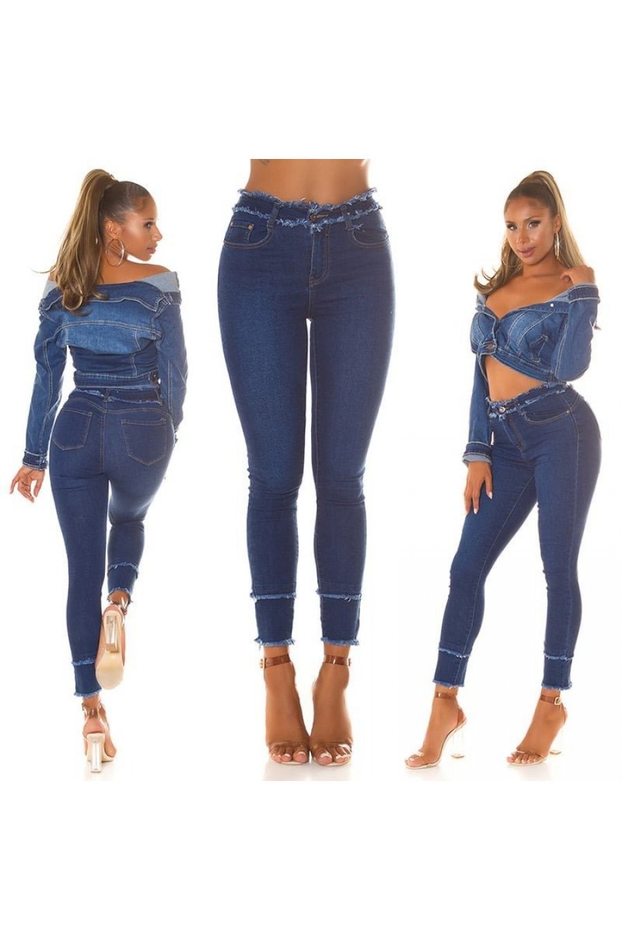 Blugi dama cu talia inalta, skinny, albastri, din denim, franjurati, Henna 8 - jojofashion.ro