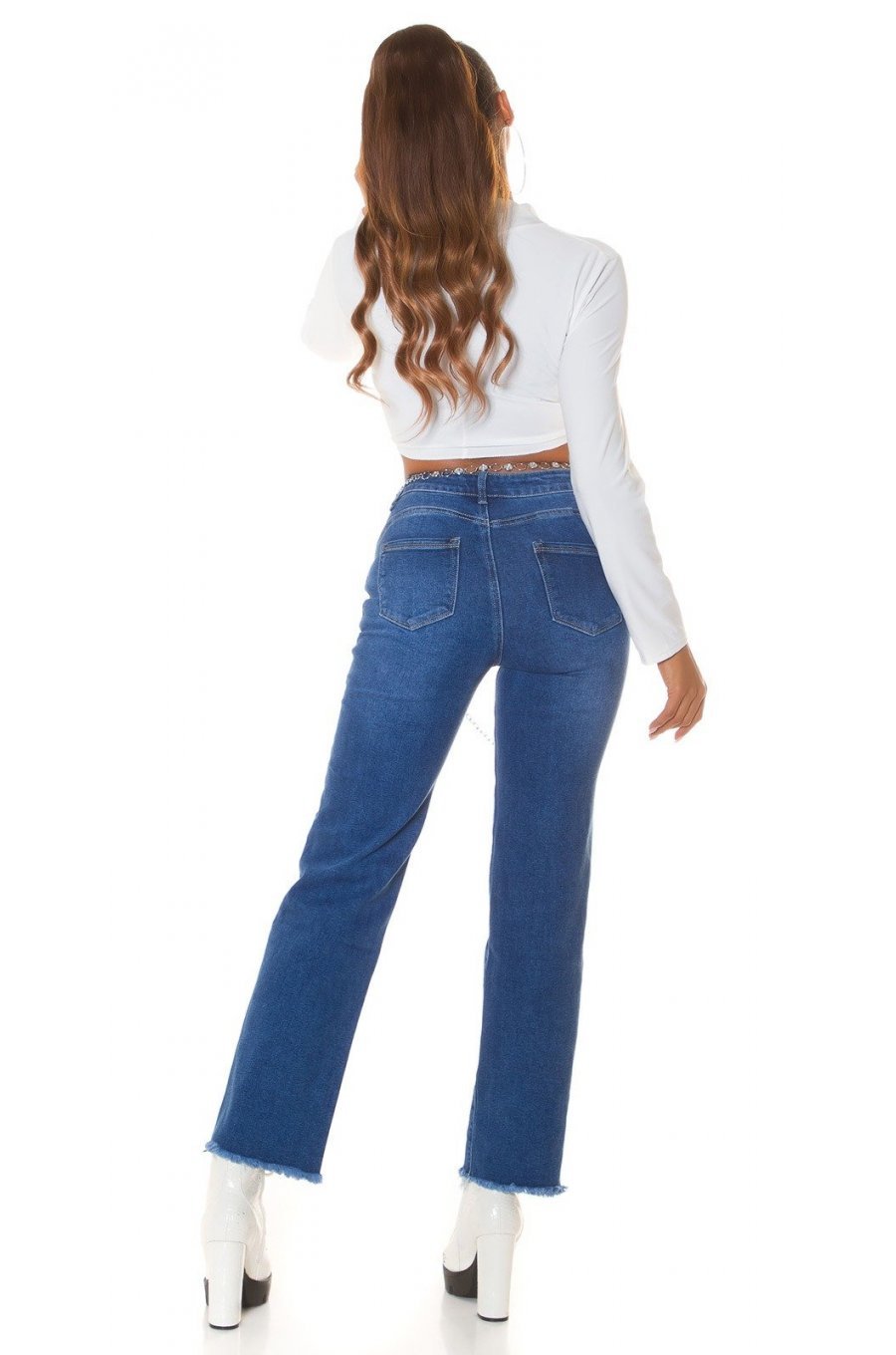 Blugi dama drepti, albastri, denim uzat, cu talia inalta, Biclos 4 - jojofashion.ro