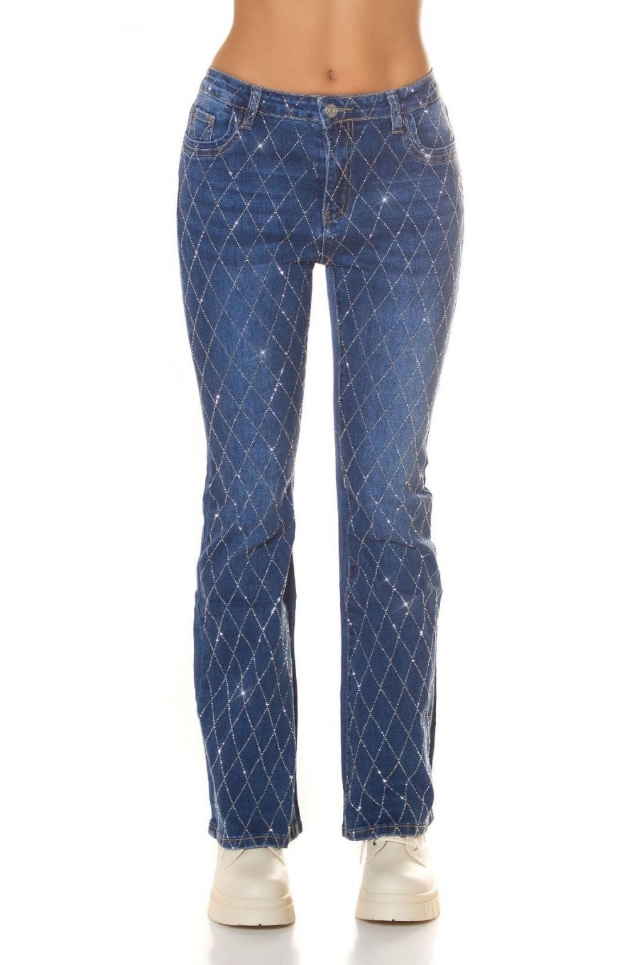 Blugi dama evazati, albastri, bumbac cu glitter, Katerinn Blugi dama evazati, albastri, bumbac cu glitter, Katerinn 1 - jojofashion.ro