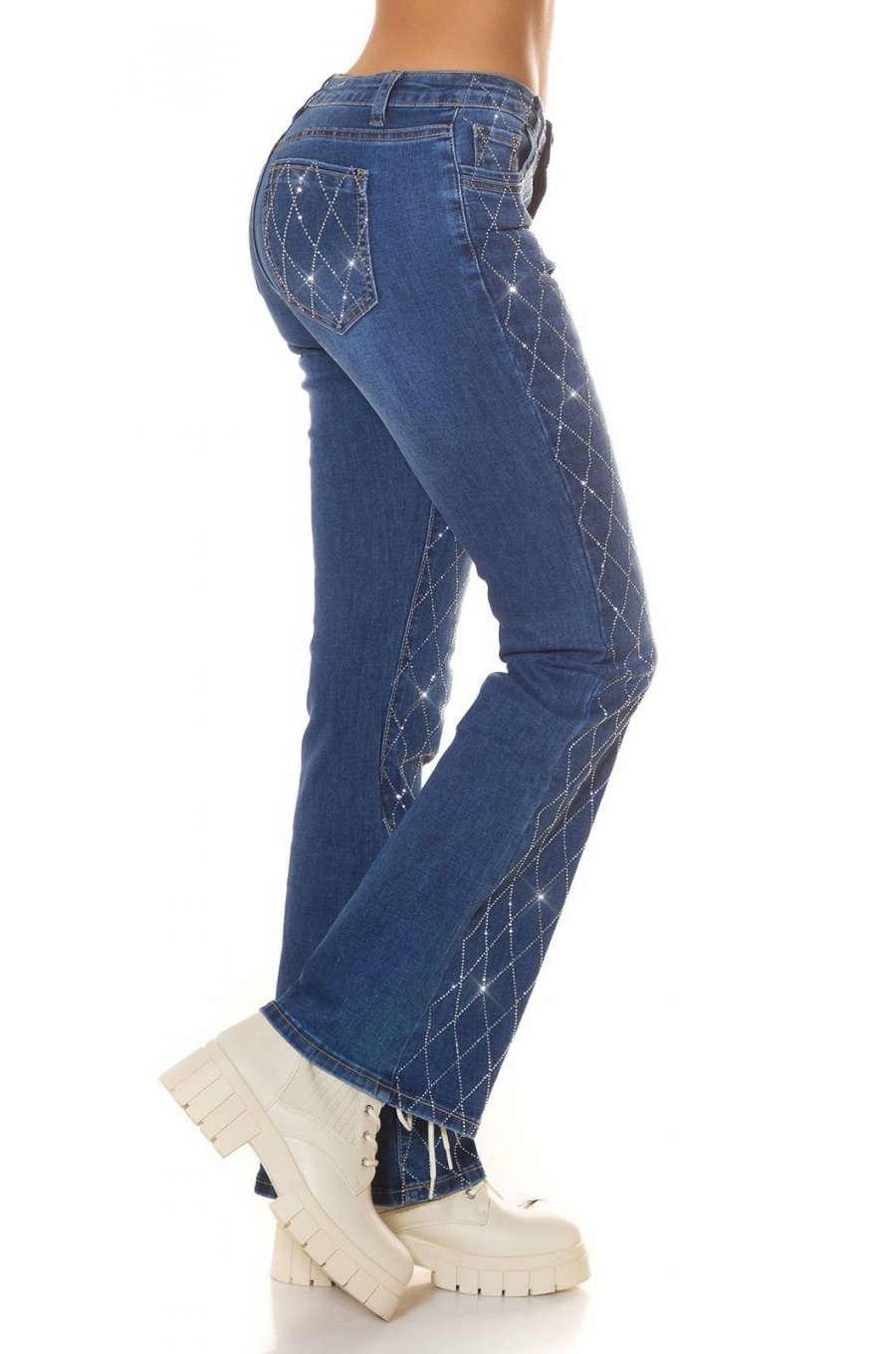Blugi dama evazati, albastri, bumbac cu glitter, Katerinn Blugi dama evazati, albastri, bumbac cu glitter, Katerinn 2 - jojofashion.ro