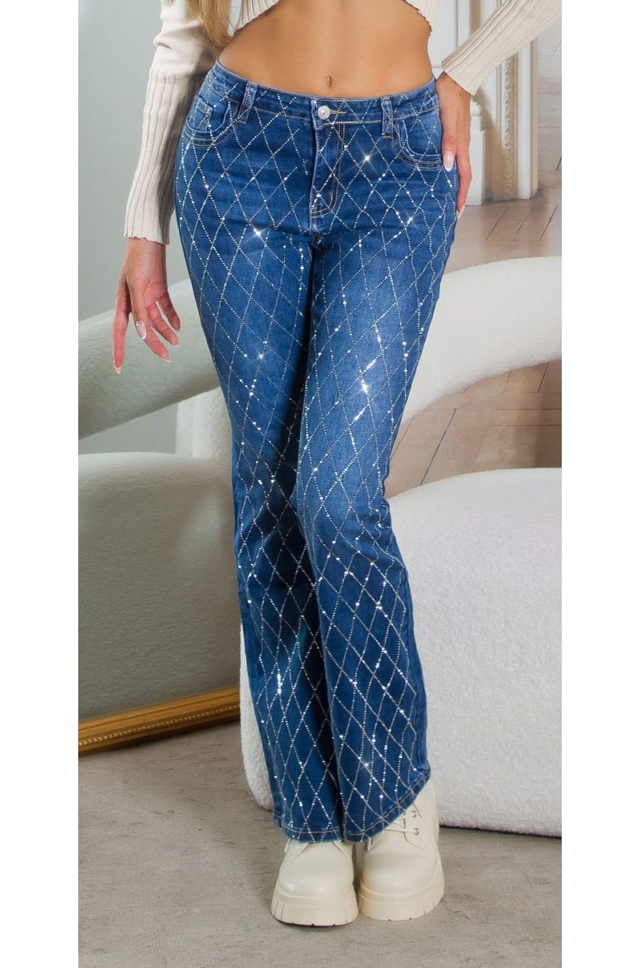 Blugi dama evazati, albastri, bumbac cu glitter, Katerinn Blugi dama evazati, albastri, bumbac cu glitter, Katerinn 6 - jojofashion.ro