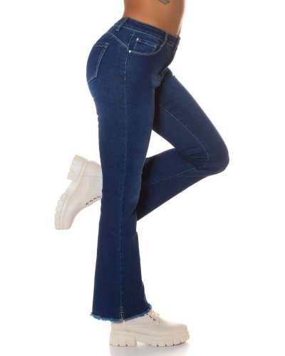 Blugi dama evazati, albastri, denim, cu aspect uzat, Rennea - jojofashion.ro