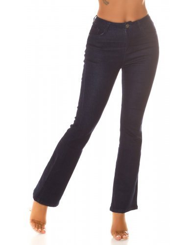 Blugi dama evazati, albastri indigo, bumbac denim, cu talia inalta, Cyndee - jojofashion.ro
