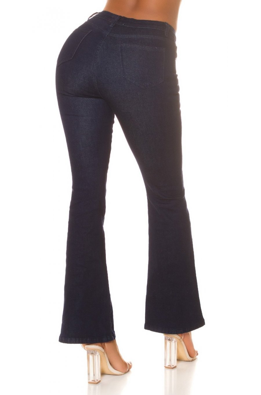 Blugi dama evazati, albastri indigo, bumbac denim, cu talia inalta, Cyndee 2 - jojofashion.ro