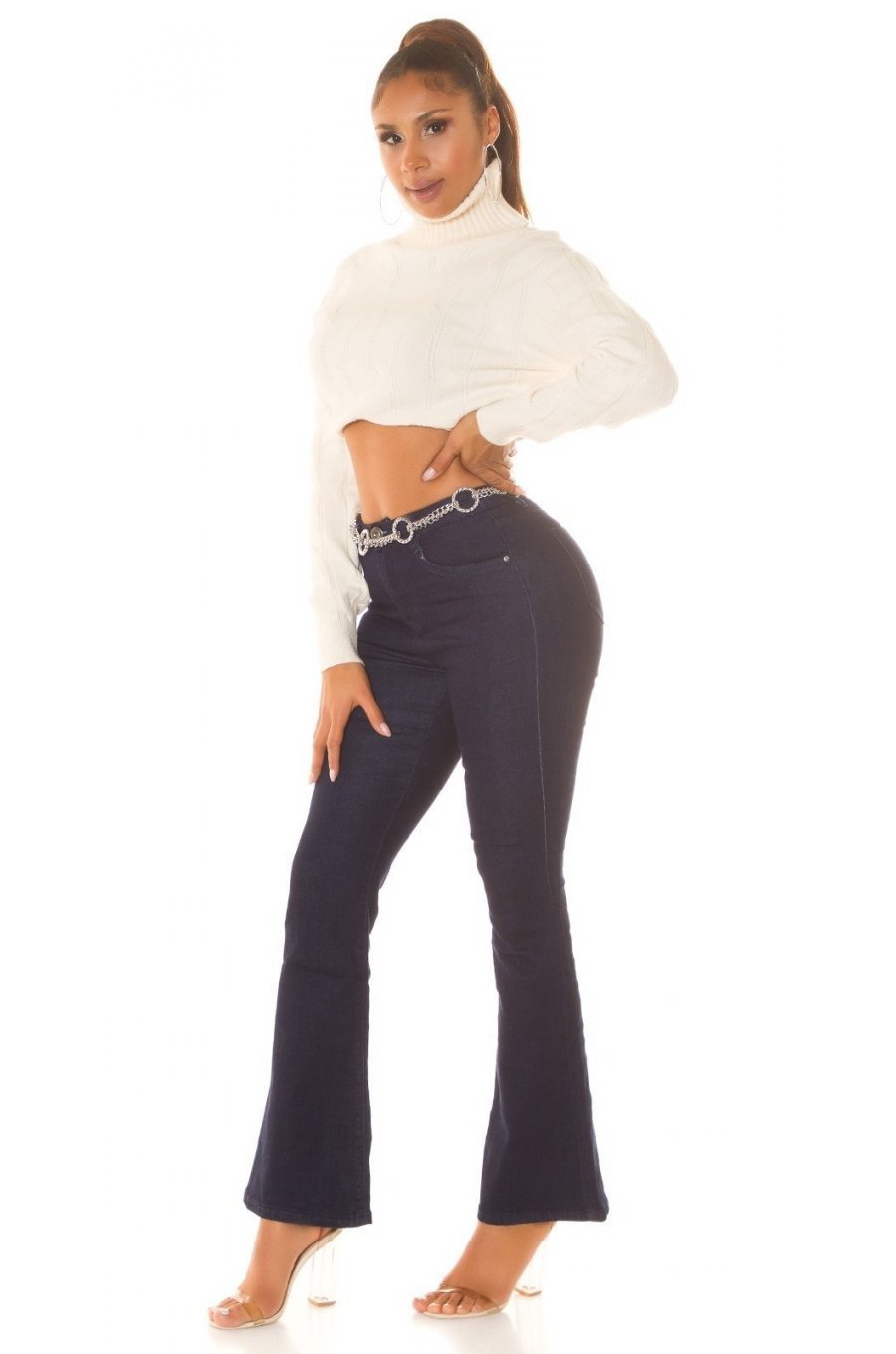 Blugi dama evazati, albastri indigo, bumbac denim, cu talia inalta, Cyndee 6 - jojofashion.ro